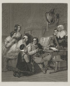 Cromwellin perhe rukoilee Charles I:n elämän puolesta, vedos Alfred Johannot (mezzotint) tekijältä John (after) Sartain
