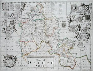 John Oliverin ja Richard Palmerin kaiverrettu ja käsin värjätty Oxfordshiren kartta, julkaisija Philip Lea, n. 1690 (värikaiverrus) tekijältä John (after) Sellar