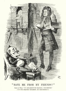 Punch-sarjakuva: Pelasta minut ystävistäni - Sir Christopher Wrenin haamu ja Lontoon St Paulin katedraalin koristelu (kaiverrus) tekijältä John (after) Tenniel