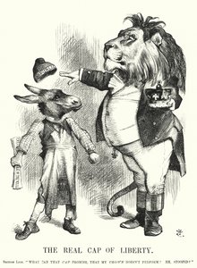Punch-sarjakuva: The Real Cap of Liberty – Ison-Britannian perustuslaillisen monarkian ylivoima republikanismiin nähden (kaiverrus) tekijältä John (after) Tenniel