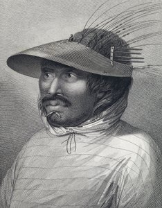 Muotokuva miehestä Oonalashkasta (tai Unalaskasta, Alaska, Yhdysvallat). 1700-luvun lopun kaiverrus, William Sharp () , John Webberin (1751-1793) mukaan.