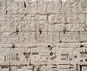 Egypti, Luxorin kuvernööri, Karnak, Suuri Amonin temppeli, Suuri Hypostyle Hall, Ulkoseinän yksityiskohta tekijältä Walter Charles Mills