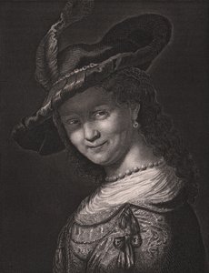 Muotokuva Saskia van Uylenburghista (1612-1642), Rembrandtin vaimo, L Raabin kaiverrus Rembrandtin maalauksesta, Paynen kuninkaallisesta Dresdenin galleriasta, Albert Henry Payne, H Payne Dresden ja Leipzig Publisher, noin 1840 tekijältä Walter Charles Mills