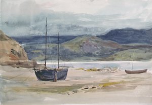Mäkinen rannikkomaisema veneineen, 1800-luku tekijältä John Absolon