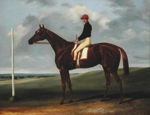 Kastanjavarsa, jossa Jockey ylös ja aloitustolppa (öljy kankaalle)