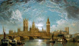 "Westminster Bridge, parlamenttitalo ja Westminster Abbey joesta katsottuna", 1872