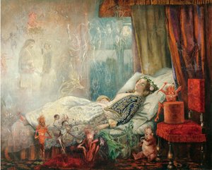 ""Le reve apres le bal masque"" (Unelma naamiopallon jälkeen) Peinture de John Anster Fitzgerald (1832-1906), - Öljy kankaalle, 35,5x44,5 - Yksityiskokoelma tekijältä John Anster Fitzgerald