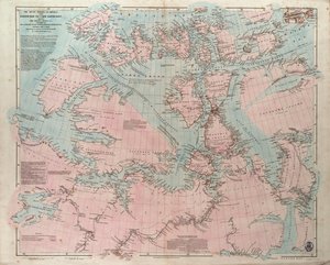 Amerikan arktiset rannikot Baffin Baysta Cape Bathurstiin, jossa näkyvät useiden brittiläisten retkikuntien upseerien vuosina 1818 ja 1859 tutkimat rannikot ja joet.