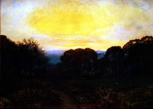 Puutarhuri kaivaa kaalilappua auringonlaskun aikaan tekijältä John Atkinson Grimshaw
