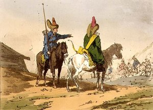 Baskiirit, taiteilijan kaivertama, taiteilijan käytöstavat, tavat ja huvit, I nide levy 8, pub. 1803 (akvatinta) tekijältä John Augustus Atkinson