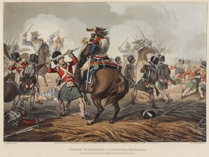 Ranskalaiset Cuirassiers Waterloon taistelussa Highlandersin ja Scotch Greysin lyömät ja voittamat, kaiverrus M. Dubourg, 1819 (värinen akvatinta)