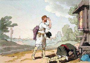 Pilgrims, taiteilijan kaivertama, julkaistu 1804 (värilitho) tekijältä John Augustus Atkinson