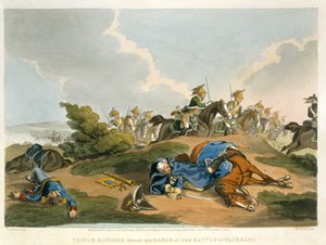 Prinssi Blucher hevosensa alla Waterloon taistelussa, kaivertanut Matthew Dubourg (fl.1813-20) pubista Historic, Military and Naval Anekdootit. kirjoittanut Edward Orme (1774-n. 1820) 1815 (akvatinta) tekijältä John Augustus Atkinson