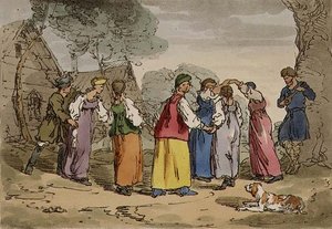 Village Amusements, taiteilijan kaivertama, taiteilijan kaivertama kylähuvi, levy 82 nide III:sta "Venäläisten tavat, tavat ja huvit", pub. 1804 (akvatinta) tekijältä John Augustus Atkinson