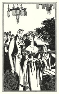 Lord Byronin kuvitus Don Juanille: Juan otettiin vastaan parhaaseen yhteiskuntaan (litho)