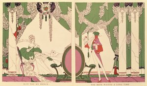 Prinsessa oleva kaunotar, kuvitus Charles Perraultin (1628-1703) "Tales of Times Passed" -teoksesta 1922 (värilitho) tekijältä John Austen