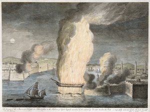 The Burning of the American Fregate [sic] the Philadelphia Tripolin satamassa, 1805 (käsinvärinen viivakaiverrus taidepaperille) tekijältä John B. Guerazzi