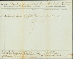 Ajan tasalla oleva jäljennös Quartermasterin varastojen vastaanottamisesta, alkuperäisen allekirjoitus John B. Tope, kapteeni, 12. Tennesseen ratsuväki, 11. kesäkuuta 1864. tekijältä John B. Tope