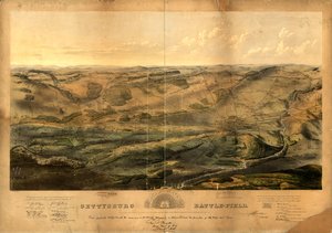 Gettysburgin taistelukenttä. Taistelu käytiin Gettysburgissa, Pa.:ssa 1., 2. ja 3. heinäkuuta 1863 liittovaltion ja konfederaation armeijan toimesta, vastaavasti kenraalin komentajana. G. G. Meade ja Genl. Robert E. Lee tekijältä John Bachelder
