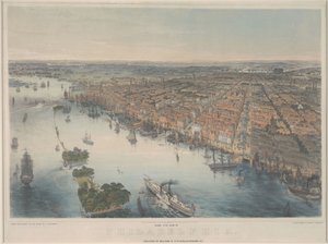 Lintuperspektiivistä Philadelphiasta, n. 1850 (väri litho)