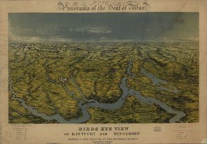 Kentuckyn ja Tennesseen lintuperspektiivi, jossa näkyy Kairo ja osa eteläisistä osavaltioista. LOC 99447069