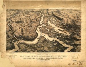 Lintuperspektiivistä Ohio- ja Mississippijokien risteys, jossa näkyy Cairo ja osa eteläisistä osavaltioista LOC 99447003