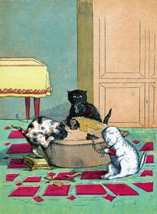 Kolme pientä kissanpentua lapasissa ja syö piirakkaa, kuvitus "Three Little Kittens" 1859