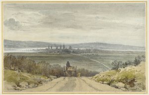 Näkymä Oxfordista Shotover Hilliltä Floodtimessa, kun vesi loppui, 10. tammikuuta 1791 (wc kynällä paperilla)