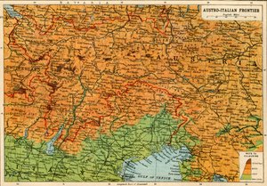 Kartta Itävallan ja Italian rajasta, ensimmäinen maailmansota, vuodelta 1920.