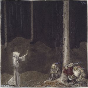 Frere Martin et les trois peikot - Brother Martin ja Three Trolls, kirjoittanut Bauer, John (1882-1918). Akvarelli paperille tekijältä John Bauer