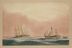 Futty Satam -alusta hinaamassa Mauritiukselle parakki "Otter" ja laiva "City of Poona" 1851, noin 1851 (vesiväri). tekijältä John Becket Hodgson