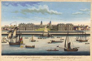 Näkymä Greenwichin kuninkaallisesta sairaalasta, noin 1770 (värillinen etsaus).