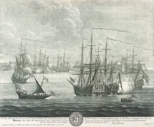 Näkymä Bombaysta (Intia), omistettu Brittiläisen Itä-Intian yhtiön johtajalle. Kaiverrus John Bowles ()