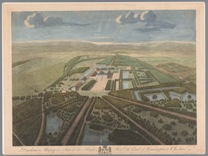 Gezicht op Dunham Massey Cheshiressä Dunham Massey oikeanpuoleisen kunnan istuin, Earl of Warrington Cheshiressä (otsikko esineessä)