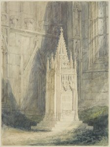 Suunnittelu Chatterton Cenotaphille St Mary Redcliffe -kirkossa (akvarelli ja vartaloväri lyijykynällä, liidulla ja raapimalla, paperille)