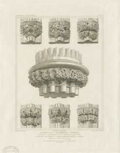 Lichfieldin katedraalin sisätilat - kappelihuoneen pylväs ja Lady Chapelissa olevat kannattimet: kaiverrus, nd [n. 1819] (vedos) (kuva)