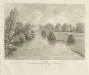 Bishton Hall: seepiapiirustus, 1841 tekijältä John Buckler