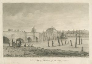 Burton-upon-Trentin silta ja kaupunki: seepiapiirros, 1839 tekijältä John Buckler