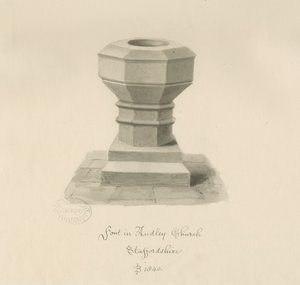 Fontti Audley Churchissa: seepiapiirros, 1840 tekijältä John Buckler