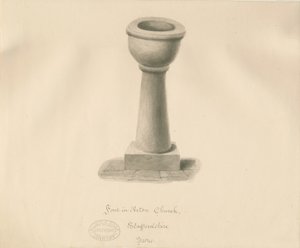 Fontti Acton Trussell Churchissa: seepiapiirros, 1841 tekijältä John Buckler