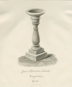 Fontti Barlastonin kirkossa: seepiapesupiirros, 1844 tekijältä John Buckler