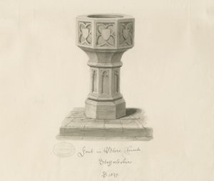 Fontti Bloren kirkossa: seepiapiirros, 1839 tekijältä John Buckler