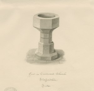 Font Caverswall Churchissa: seepiapiirros, 1840 tekijältä John Buckler