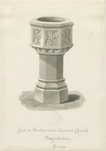 Fontti Norton Canes -kirkossa: seepiapesupiirros, 1843 tekijältä John Buckler