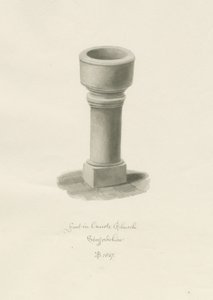 Fontti Onecoten kirkossa: seepiapiirros, 1847 tekijältä John Buckler