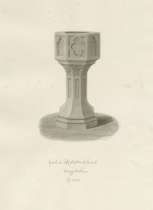 Fontti Rollestonin kirkossa: seepiapiirros, 1848 tekijältä John Buckler