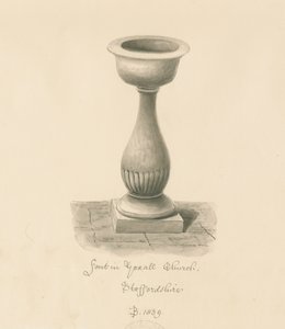Fontti Yoxall-kirkossa: seepiapiirros, 1839 tekijältä John Buckler