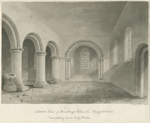 Armitagen kirkon sisustus: seepiapiirros, 6. heinäkuuta 1844 tekijältä John Buckler