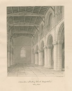 Tutbury Priory Churchin sisätilat: seepiapesupiirros tekijältä John Buckler