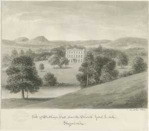 Purjo - Ball Haye Hall: seepiapiirustus, 1844 tekijältä John Buckler